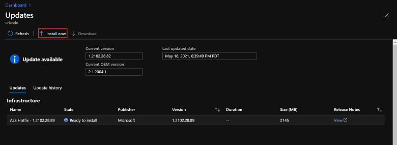 Captura de pantalla que muestra cómo iniciar una actualización en Azure Stack Hub.