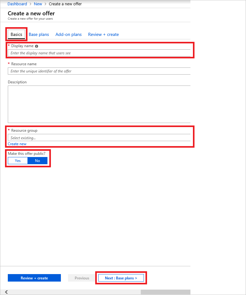 Captura de pantalla que muestra dónde agregar información básica sobre la nueva oferta en Azure Stack Hub.