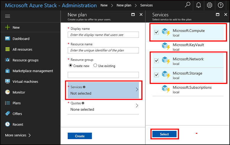 Selección de los servicios de un nuevo plan en Azure Stack Hub