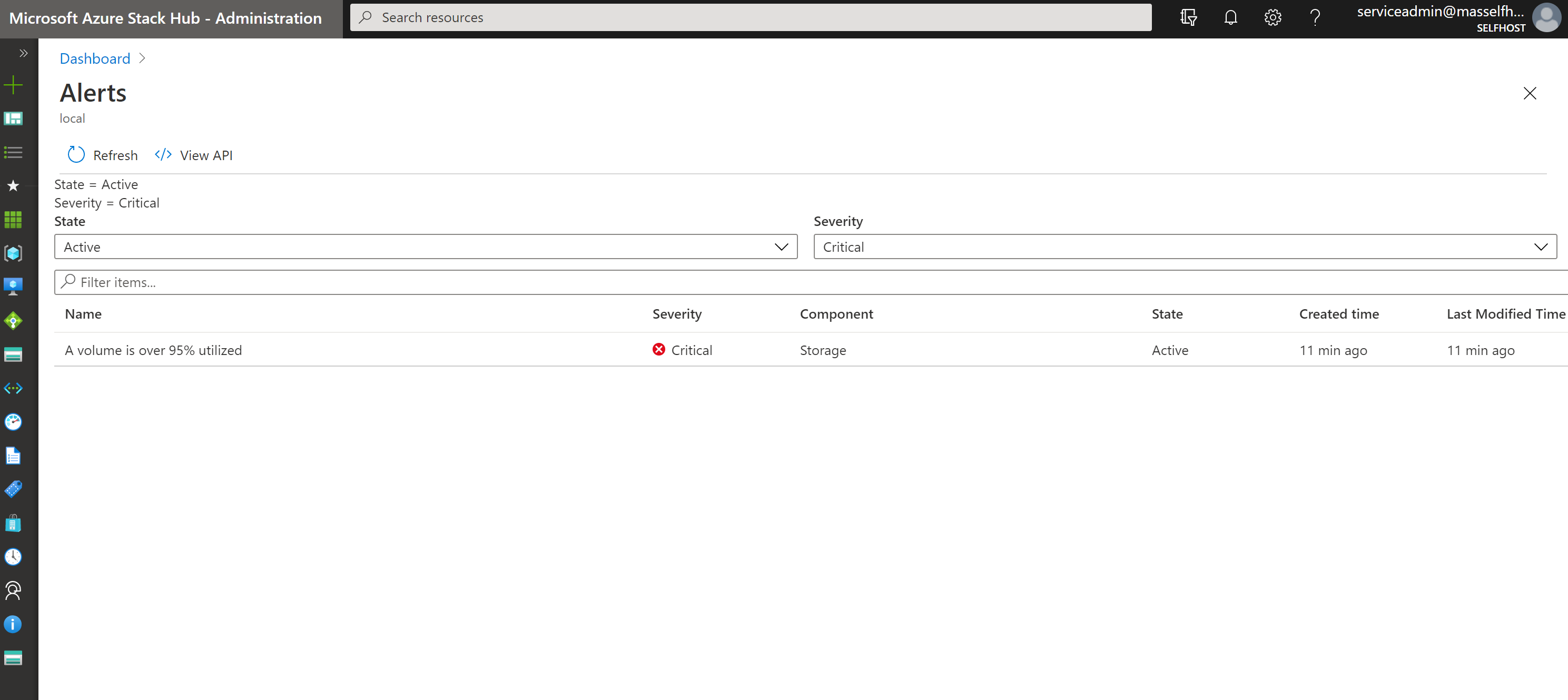 ejemplo: captura de pantalla de la alerta crítica en el portal de administración de Azure Stack Hub