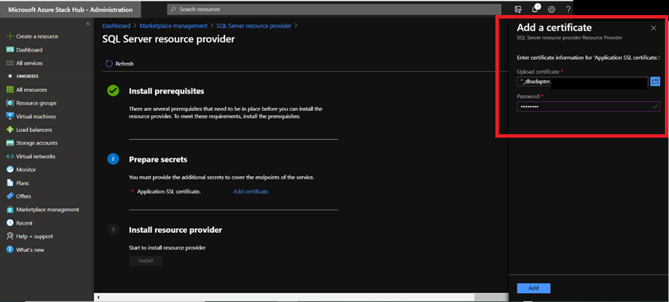 Captura de pantalla de la gestión del Marketplace para añadir certificado.