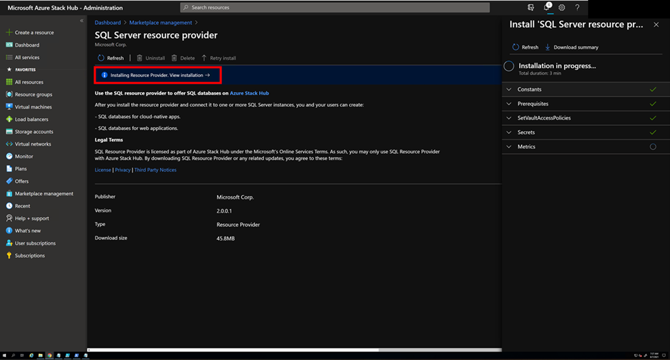 Captura de pantalla de la instalación de RP de administración de mercado en curso.