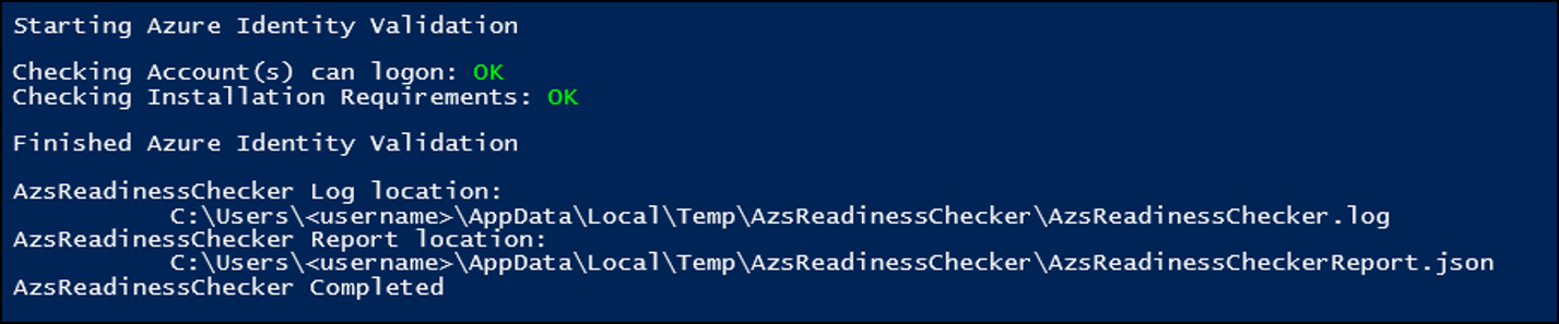 Resultados de la validación para Azure Stack Hub Readiness Checker