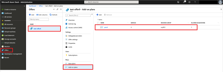 Captura de pantalla que muestra una lista de planes complementarios para su revisión en el portal de administración de Azure Stack.