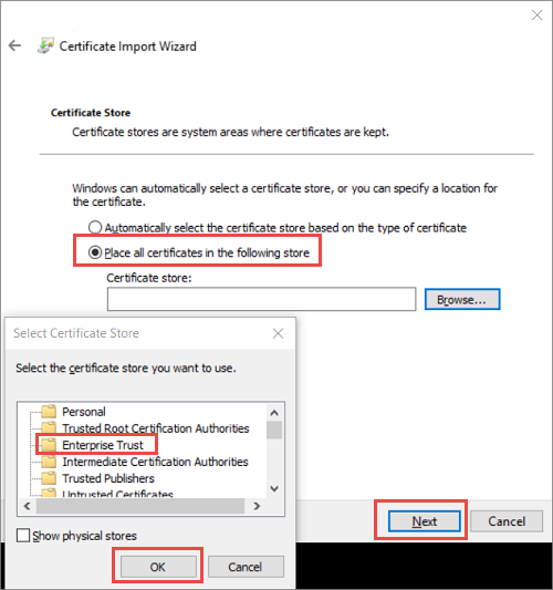 Configuración del almacén de certificados para la importación de certificados