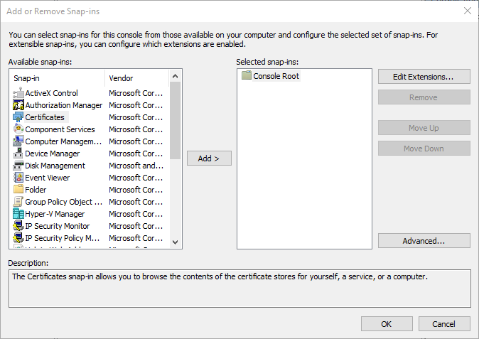 Incorporación del complemento Certificados en Microsoft Management Console