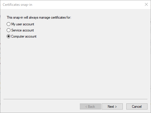 Seleccionar la cuenta para agregar complemento de certificados en Microsoft Management Console