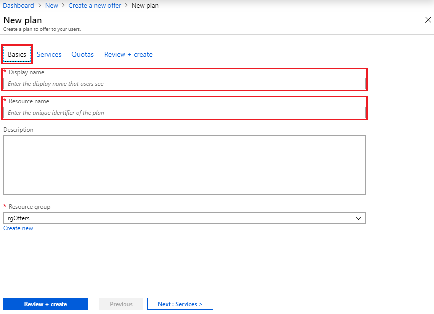 Captura de pantalla que muestra el nombre para mostrar del plan en el portal de administración de Azure Stack Hub.