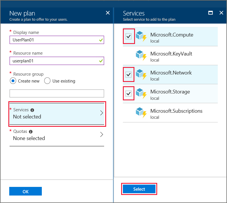 Servicios del plan en el portal de administración de Azure Stack Hub