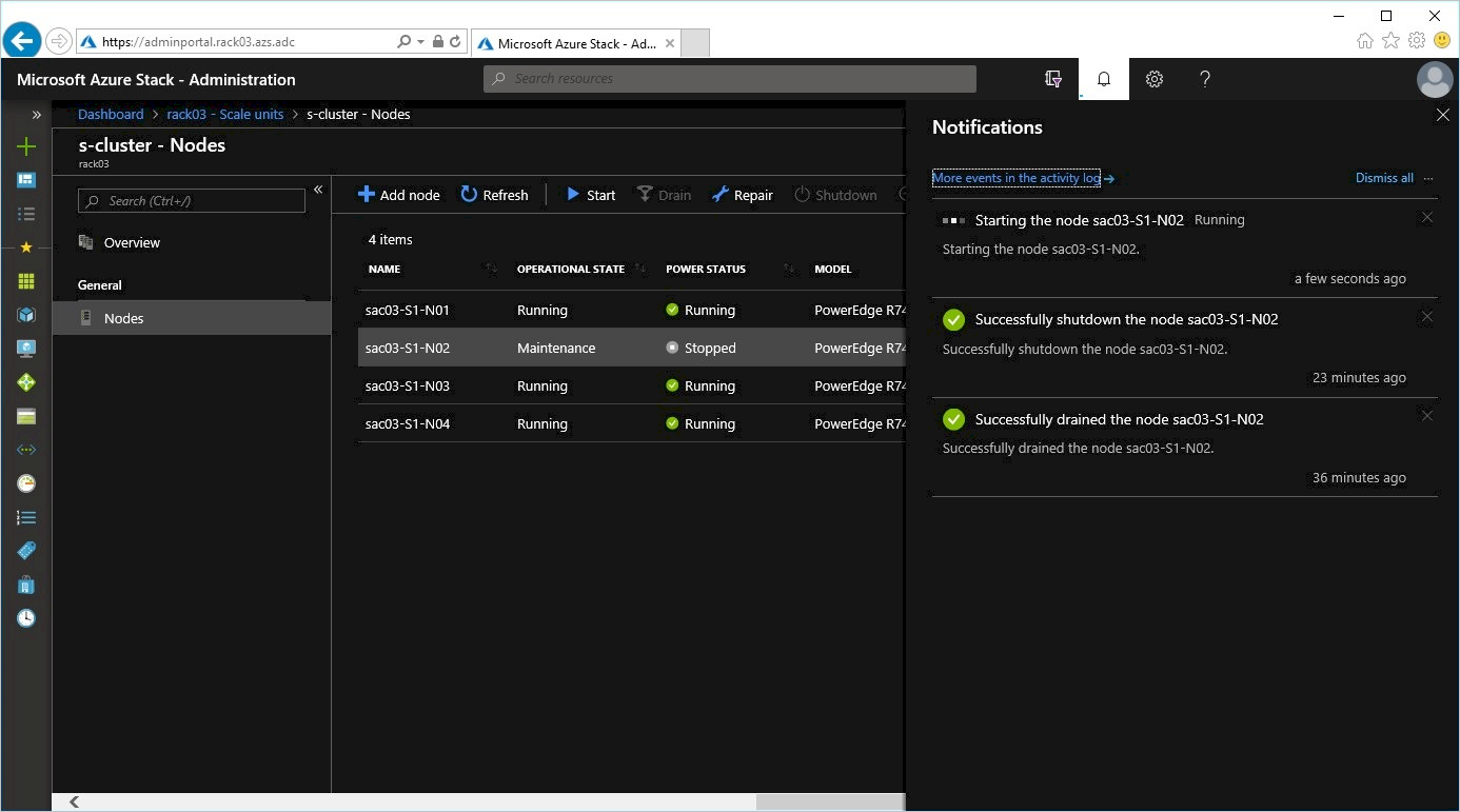 Captura de pantalla en la que se muestra la página de administración de nodos con el progreso en el panel de notificaciones.