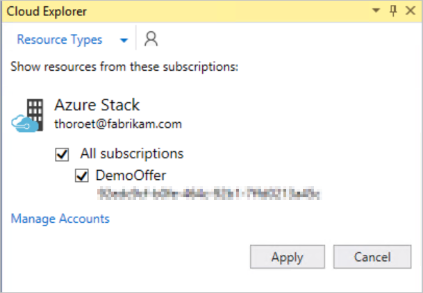 Seleccione las suscripciones que desea administrar en Cloud Explorer