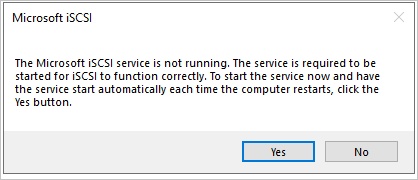 El cuadro de diálogo iSCSI de Microsoft informa que el servicio iSCSI no está en ejecución e incluye un botón Sí para iniciar el servicio.