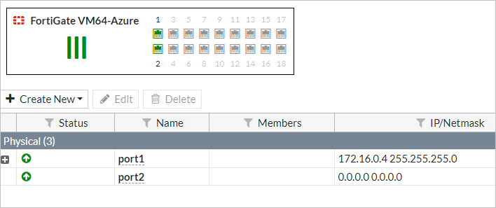 La lista de interfaz muestra dos interfaces: port1, que se ha configurado y port2, que no lo ha hecho. Hay botones para crear, editar e eliminar interfaces.