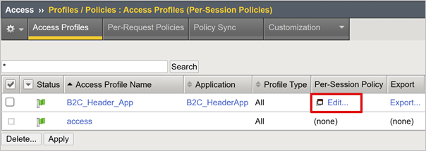 Captura de pantalla de la opción Editar en Directivas de acceso, en el cuadro de diálogo Acceso.