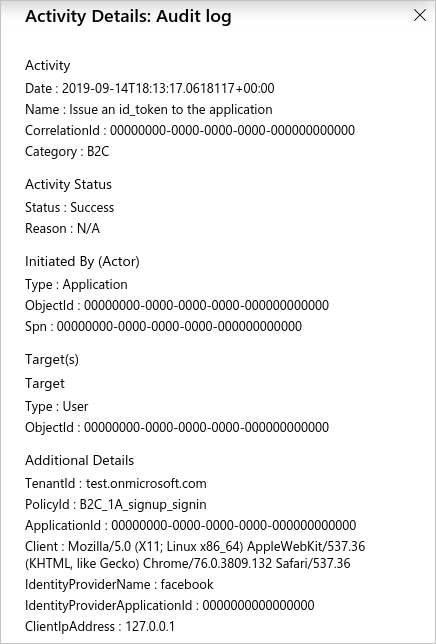 Ejemplo de la página Detalles de la actividad del Registro de auditoría de Azure Portal