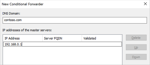 Captura de pantalla de cómo agregar y configurar un reenviador condicional para el servidor DNS.