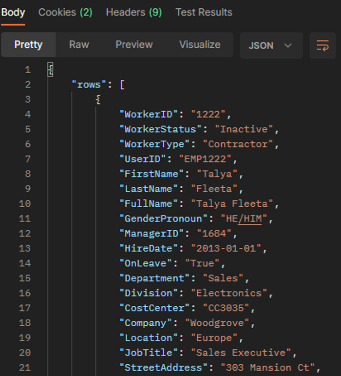 Screenshot of Azure Function response.