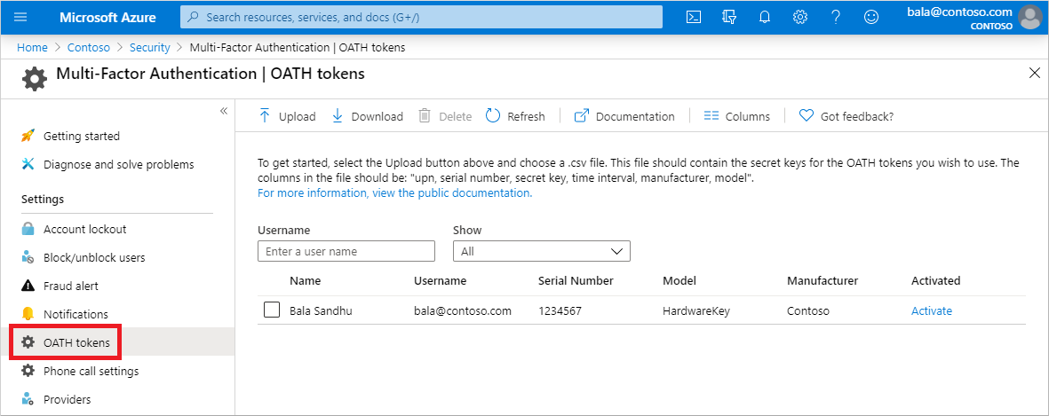 Captura de pantalla que muestra la sección de tokens OATH.