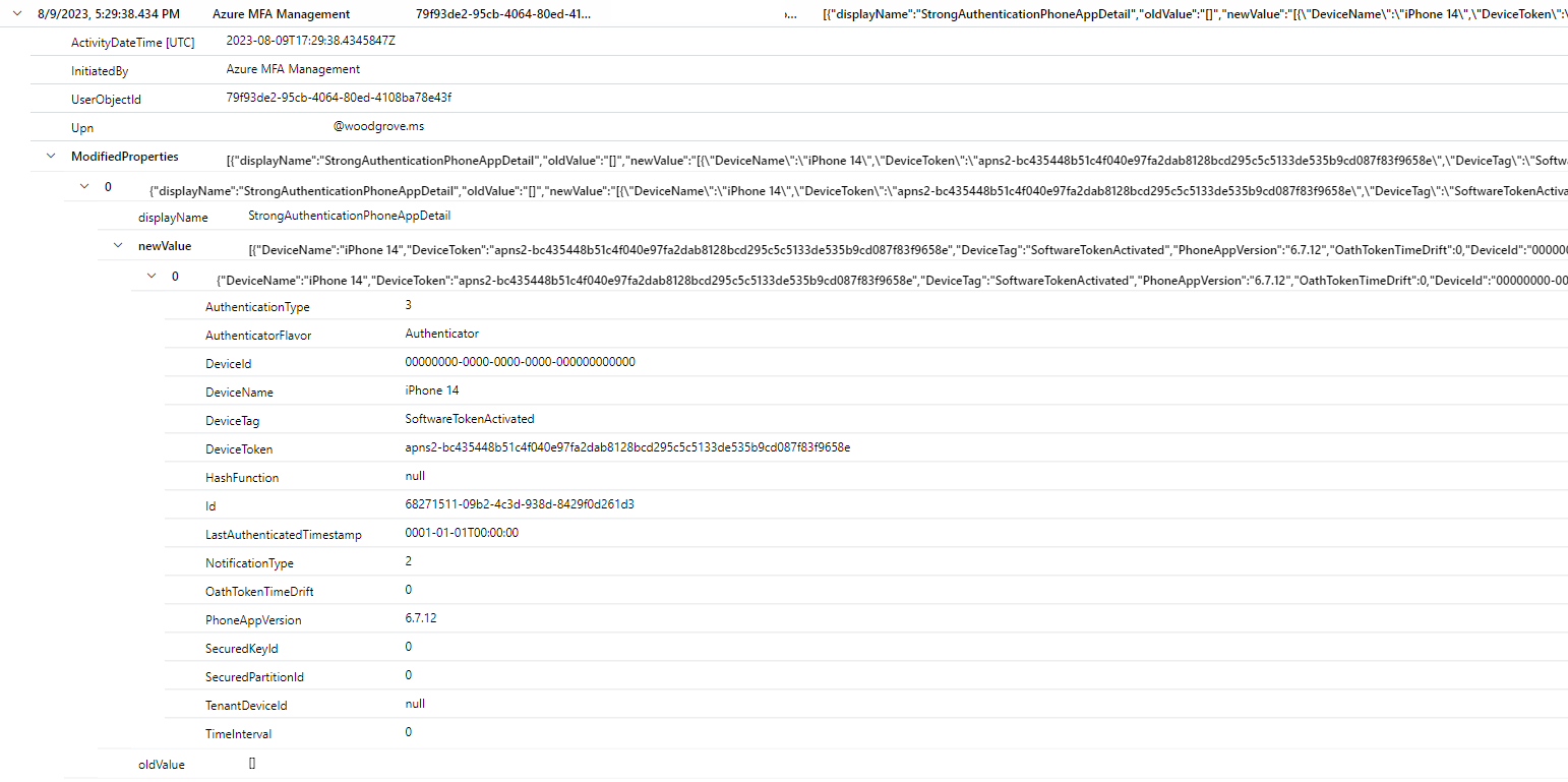 Captura de pantalla de Log Analytics para el dispositivo migrado.