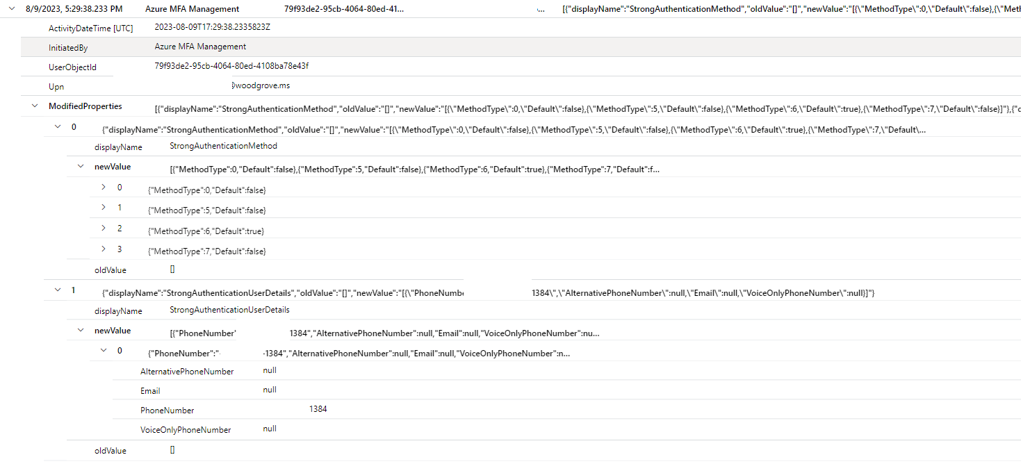 Captura de pantalla de Log Analytics para el usuario migrado.
