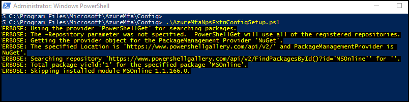 Ejecución de AzureMfaNpsExtnConfigSetup.ps1 en PowerShell