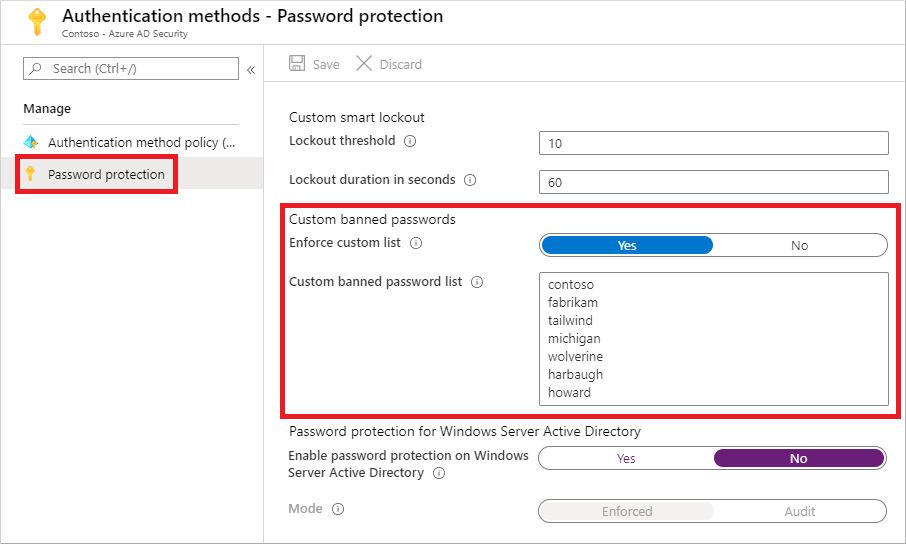 Modifique la lista personalizada de contraseñas prohibidas en Métodos de autenticación de Azure Portal