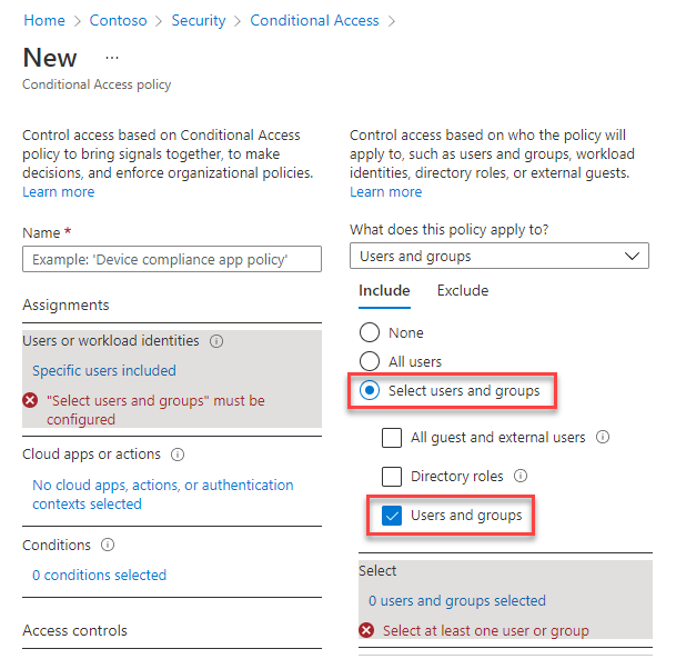 Captura de pantalla de la página para crear una nueva directiva, en la que selecciona las opciones para especificar usuarios y grupos.