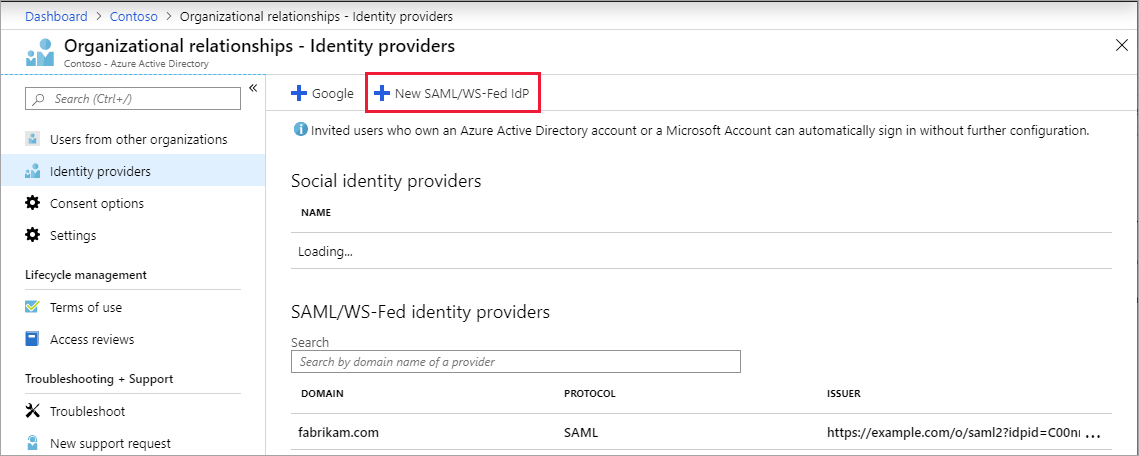 Captura de pantalla que muestra el botón para agregar un nuevo proveedor de identidades de SAML o WS-Fed.