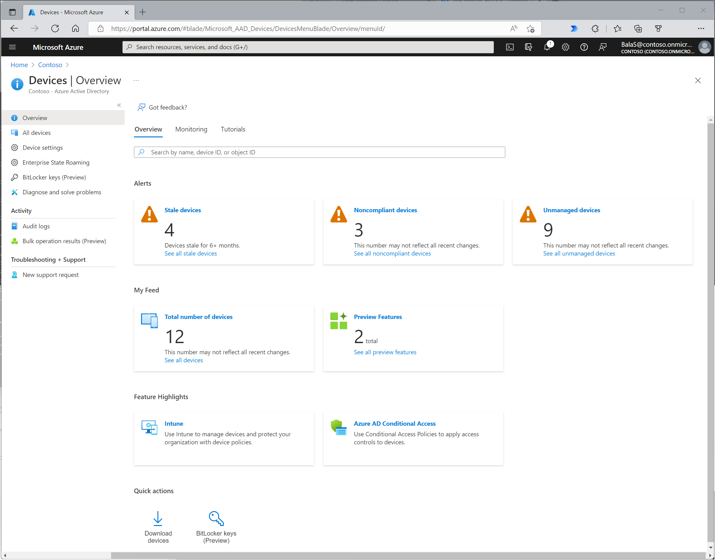 Captura de pantalla que muestra la información general de los dispositivos en Azure Portal.