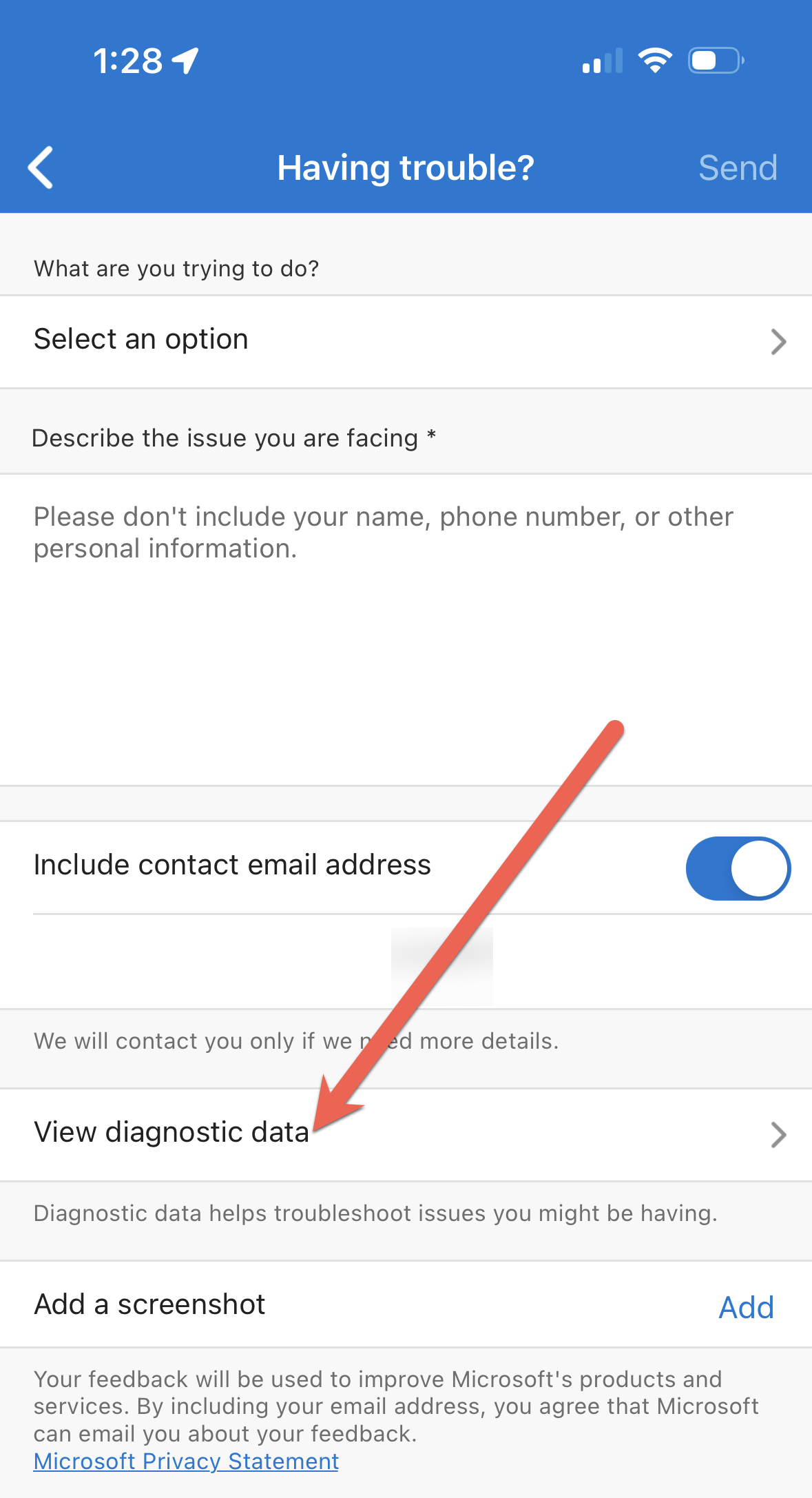 Captura de pantalla que muestra el botón de ver datos de diagnóstico en la aplicación Microsoft Authenticator.