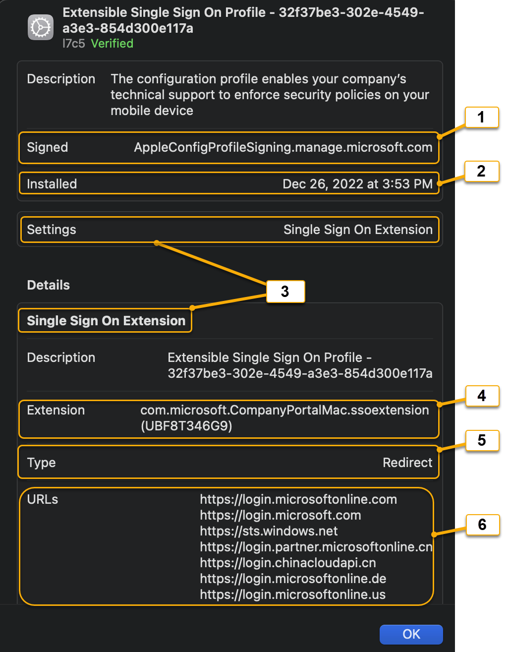 Captura de pantalla que muestra el perfil de configuración de la extensión de SSO.