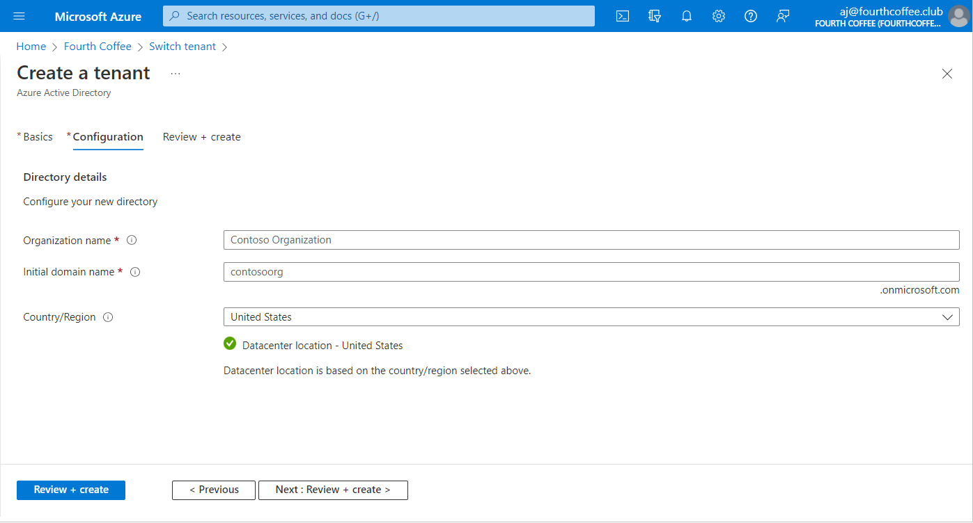 Captura de pantalla de Microsoft Entra ID: pestaña de configuración de la página de creación de un inquilino.