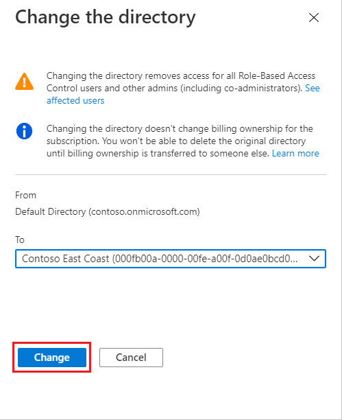Captura de pantalla que muestra la página Cambiar el directorio con un directorio de ejemplo y el botón Cambiar resaltado.