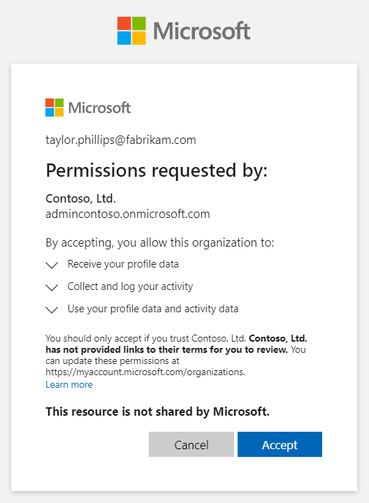 Captura de pantalla que muestra el cuadro de permisos de revisión de colaboración B2B con mensaje.