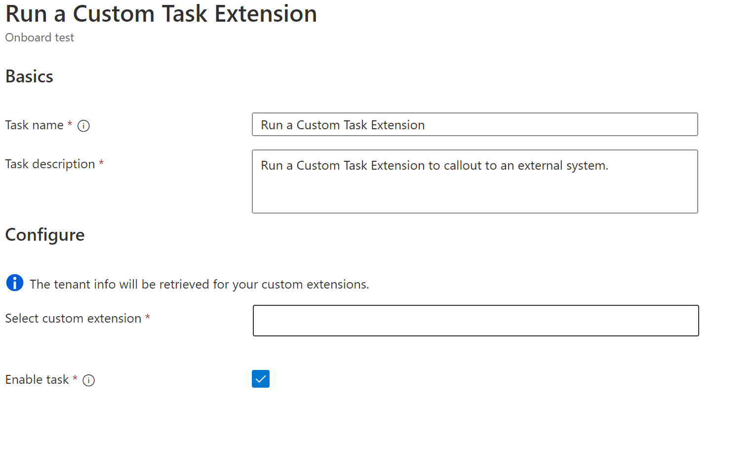 Captura de pantalla de la tarea de Flujos de trabajo: extensión personalizada.