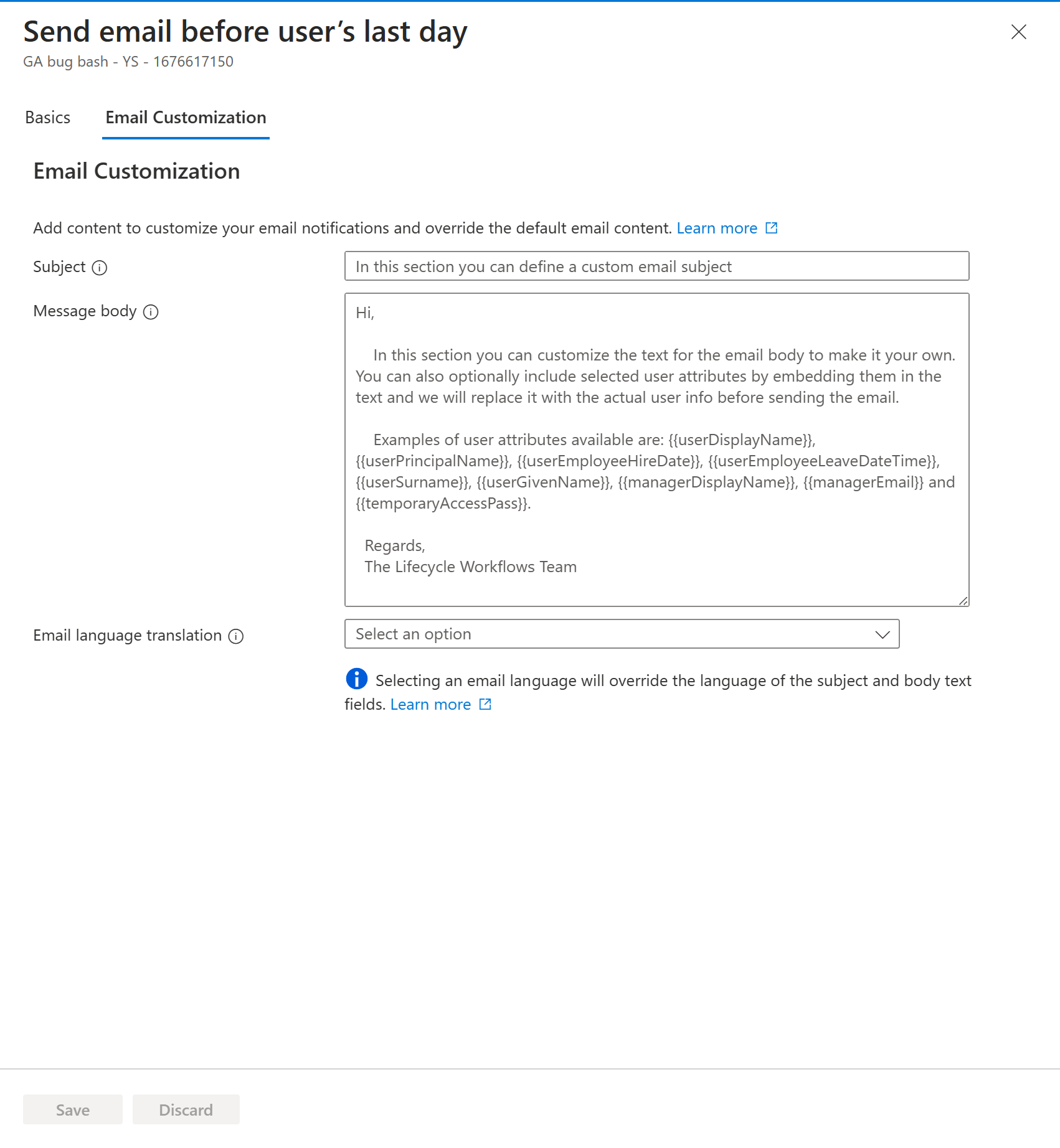Captura de pantalla de las opciones de correo electrónico de personalización.