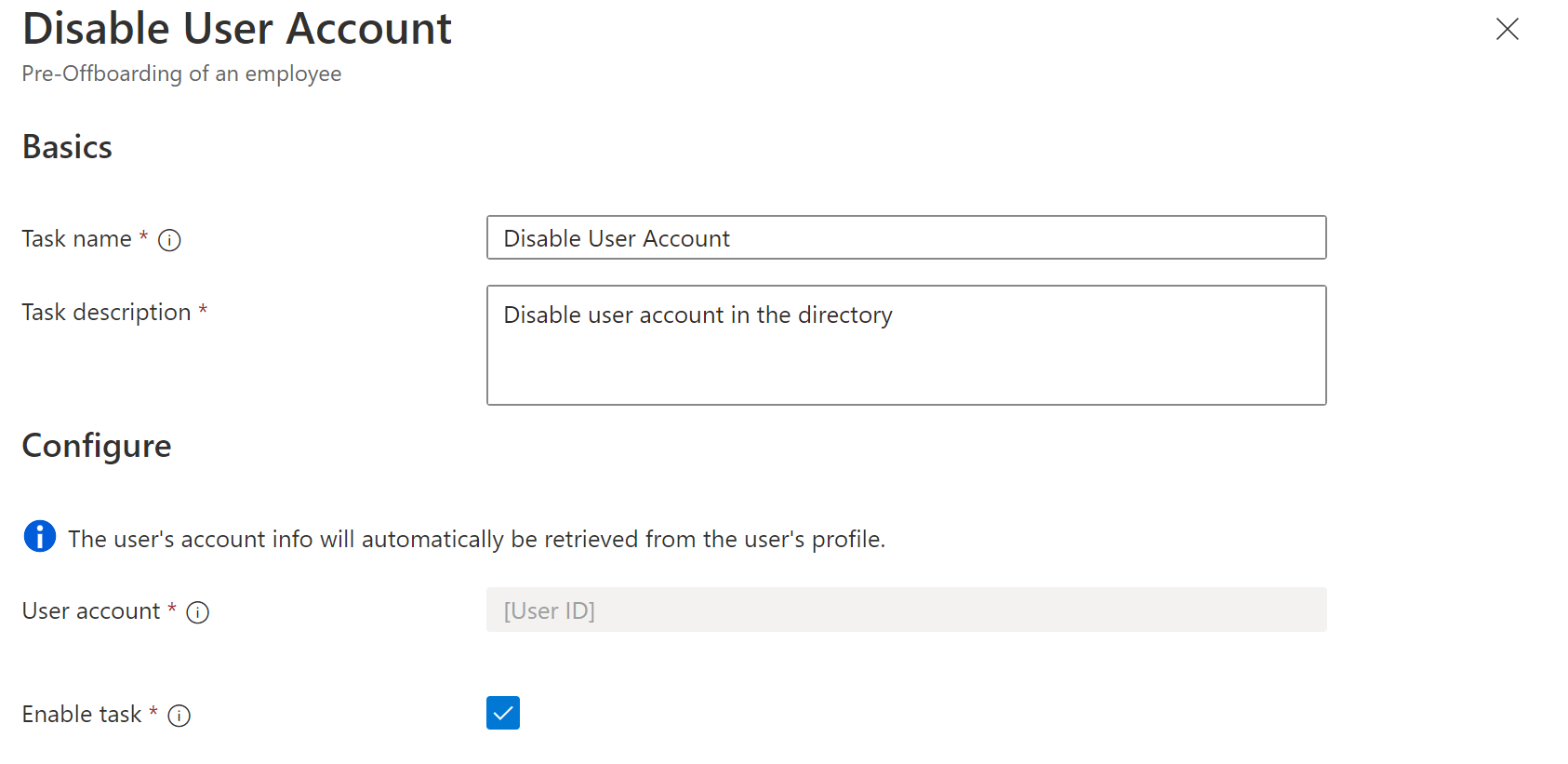 Captura de pantalla de la tarea de Flujos de trabajo: Deshabilitar la cuenta de usuario.