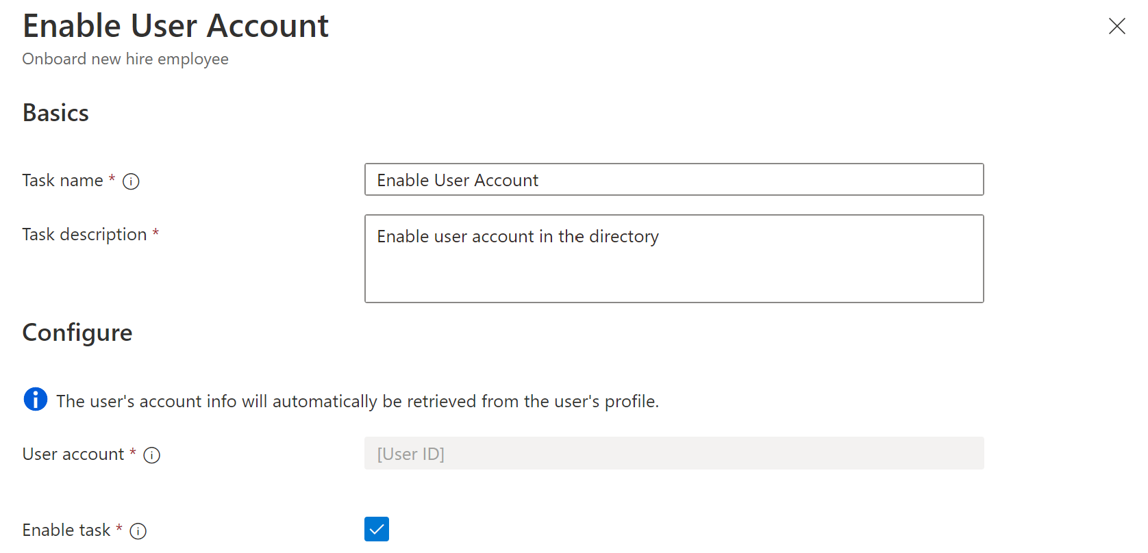Captura de pantalla de la tarea de Flujos de trabajo: Habilitar la cuenta de usuario.