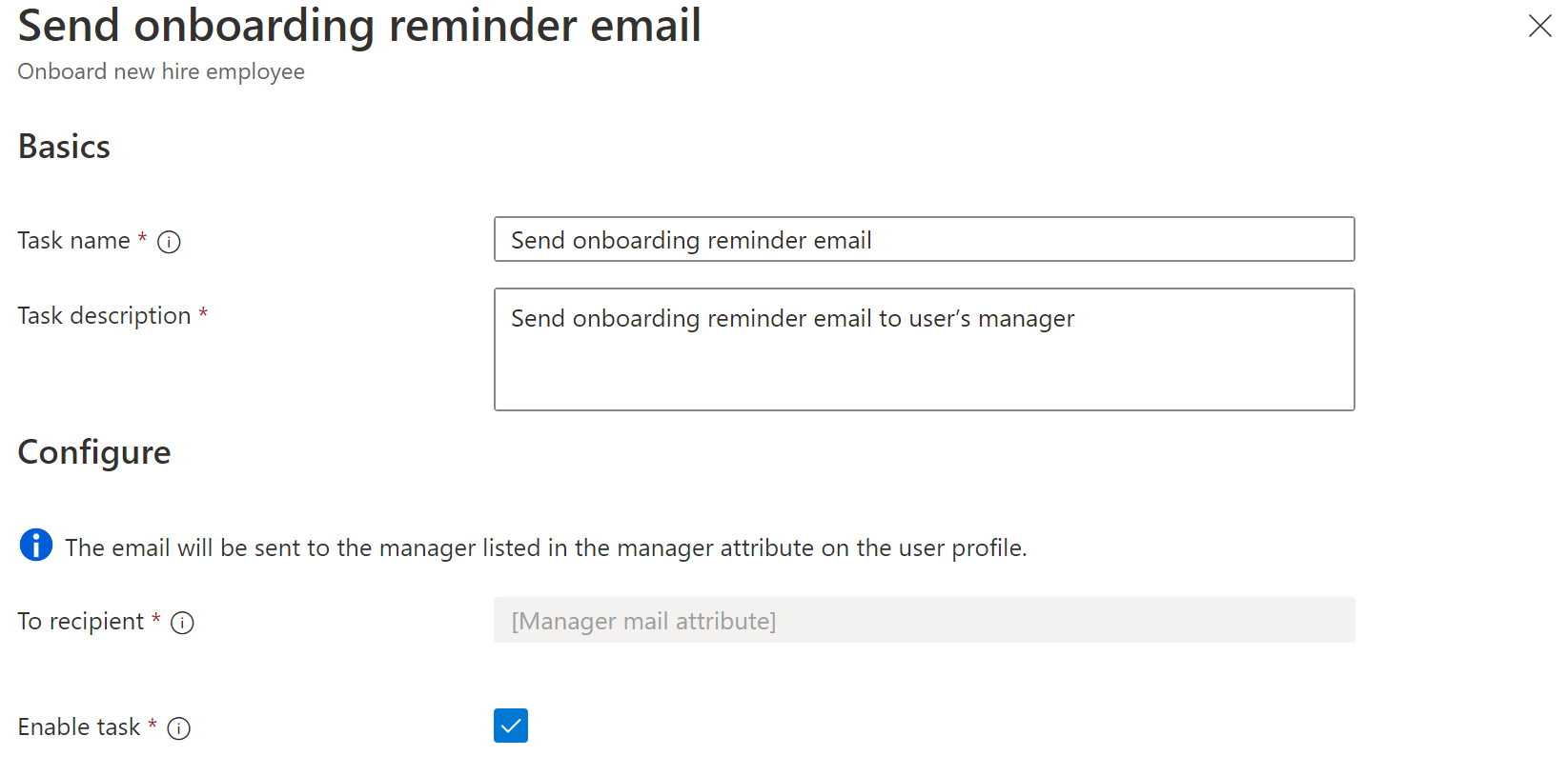 Captura de pantalla de la tarea Flujos de trabajo: Enviar tarea de correo electrónico de recordatorio de incorporación.