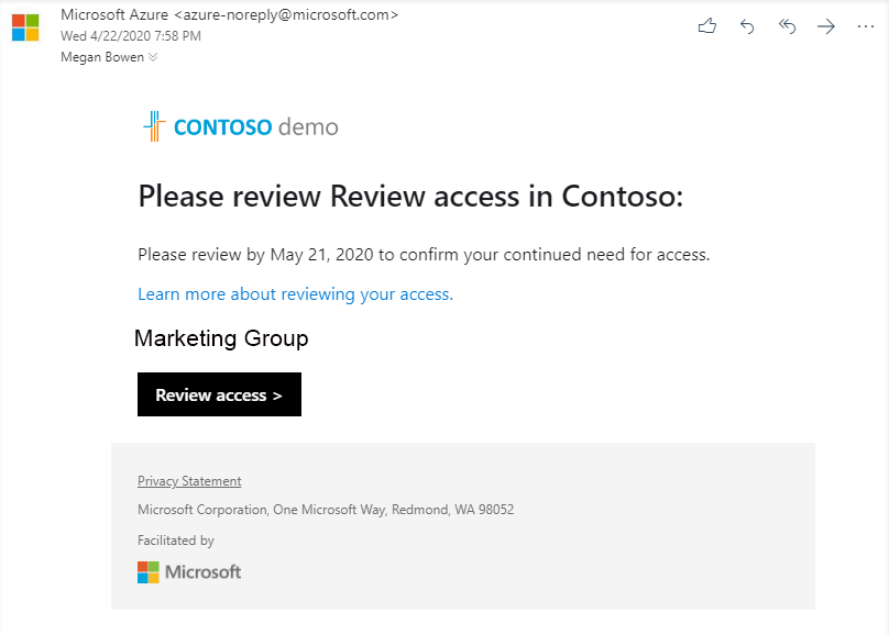 Ejemplo de correo electrónico de Microsoft para revisar el acceso a un grupo