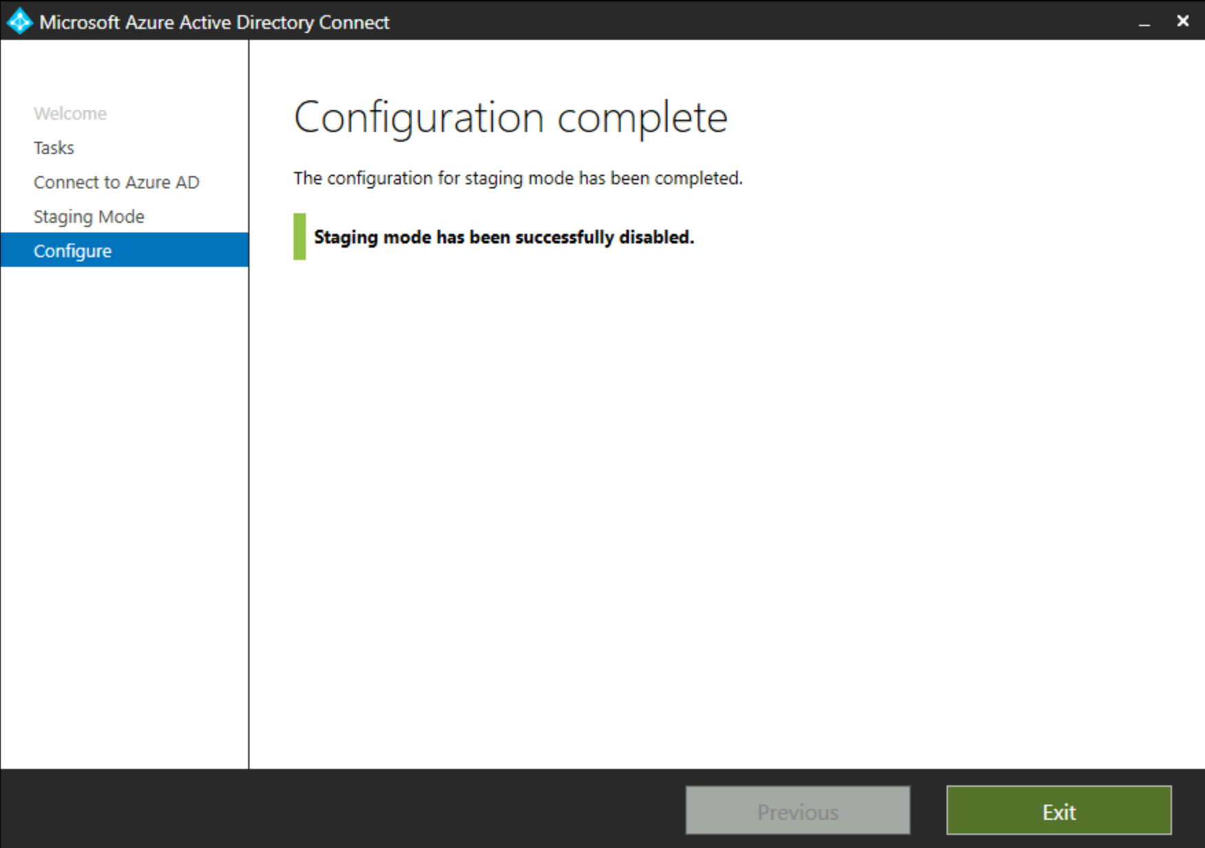 Captura de pantalla que muestra la pantalla de confirmación en Staging Microsoft Entra Connect.