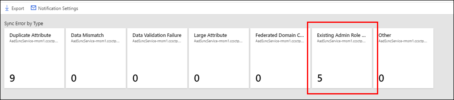 Captura de pantalla que muestra el número de errores de sincronización de Conflicto de rol de administrador existente.