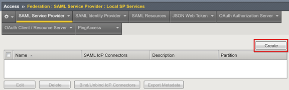 Captura de pantalla de la opción Crear en la pestaña Proveedor de servicio de SAML.
