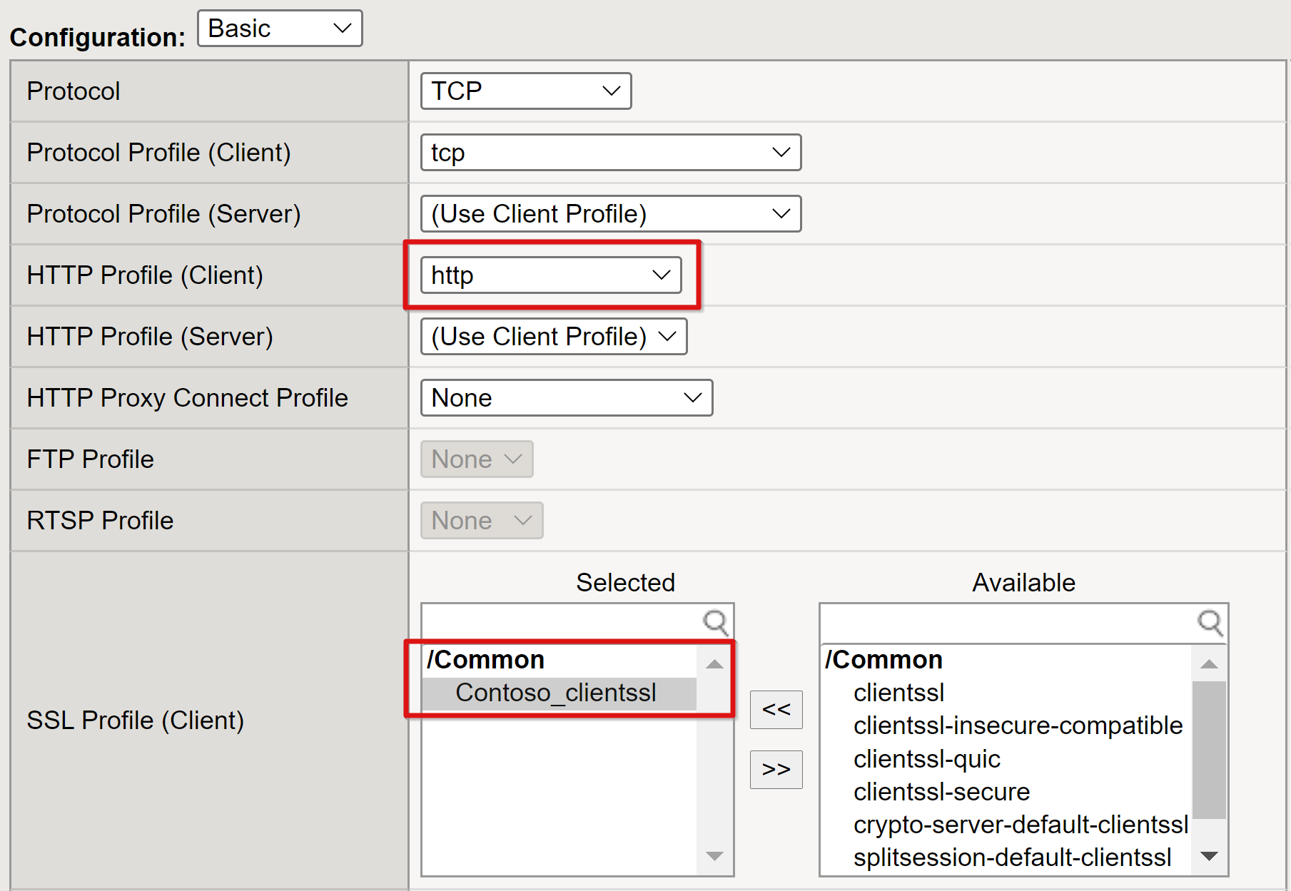 Captura de pantalla de la entrada de perfil HTTP para el cliente y las entradas seleccionadas del perfil SSL para el cliente.