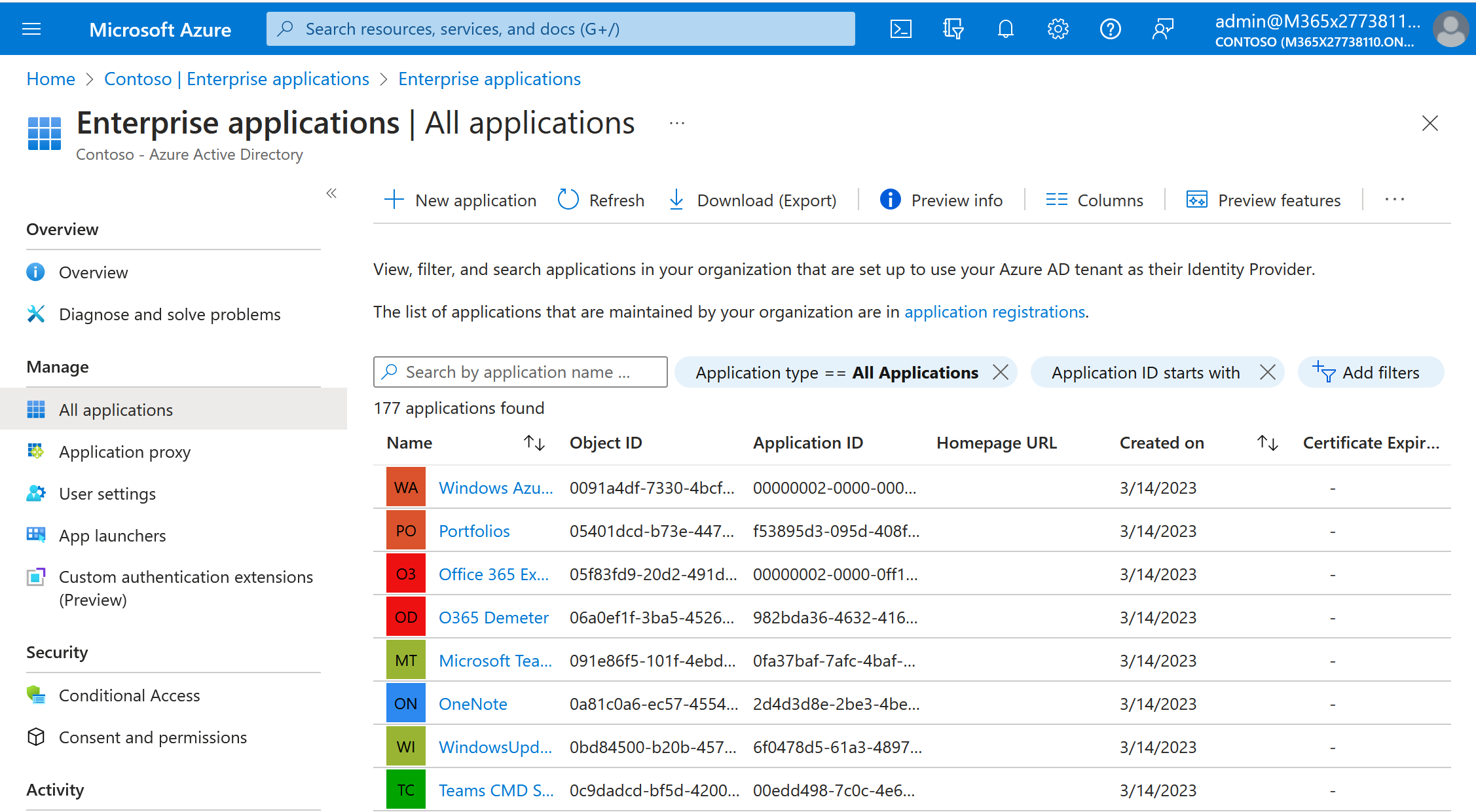 Vea las aplicaciones registradas en el inquilino de Azure AD.