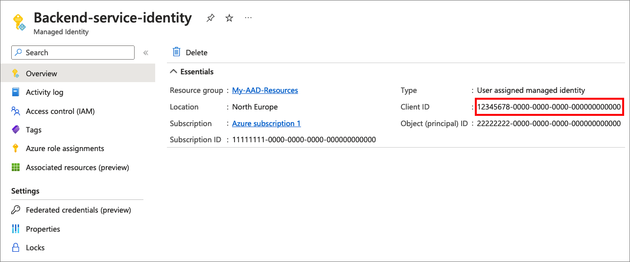 Captura de pantalla que muestra cómo copiar el identificador de cliente de identidad administrada.