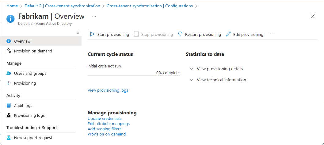 Captura de pantalla de la página Información general de configuraciones que muestra los detalles del aprovisionamiento.