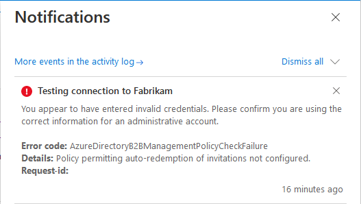 Captura de pantalla que muestra el error cuando se produce un error en la conexión de prueba con AzureDirectoryB2BManagementPolicyCheckFailure.