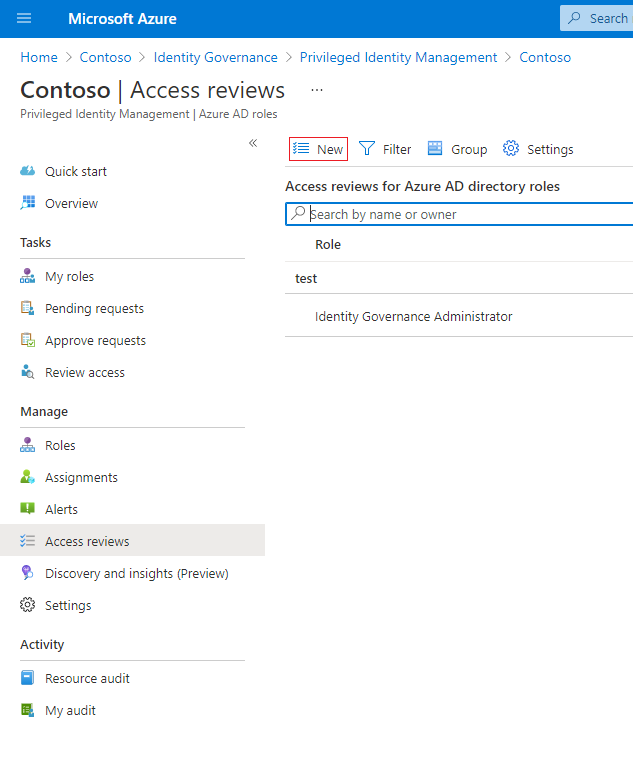Roles de Azure AD: lista de revisiones de acceso que muestra el estado de todas las revisiones.