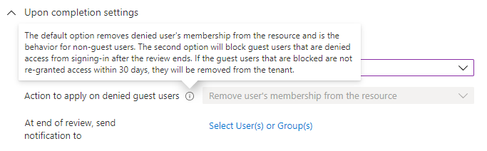 Captura de pantalla que muestra el valor Action to apply on denied guest users (Acción que aplicar a los usuarios invitados denegados) de Upon completion settings (Configuración de finalización).